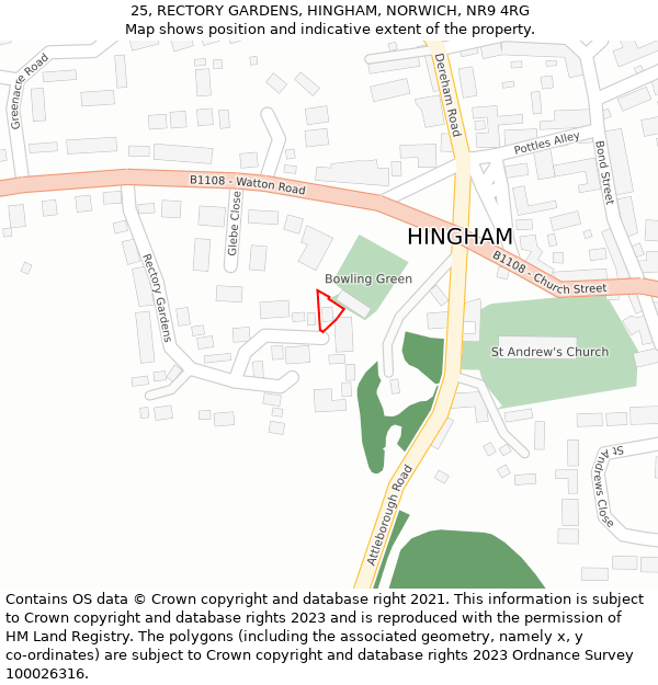 25, RECTORY GARDENS, HINGHAM, NORWICH, NR9 4RG: Location map and indicative extent of plot