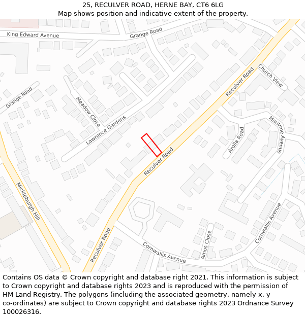 25, RECULVER ROAD, HERNE BAY, CT6 6LG: Location map and indicative extent of plot