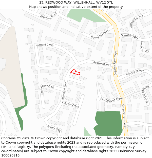 25, REDWOOD WAY, WILLENHALL, WV12 5YL: Location map and indicative extent of plot