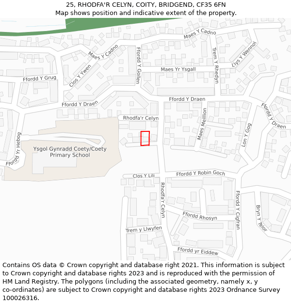 25, RHODFA'R CELYN, COITY, BRIDGEND, CF35 6FN: Location map and indicative extent of plot