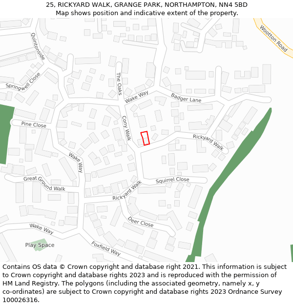 25, RICKYARD WALK, GRANGE PARK, NORTHAMPTON, NN4 5BD: Location map and indicative extent of plot