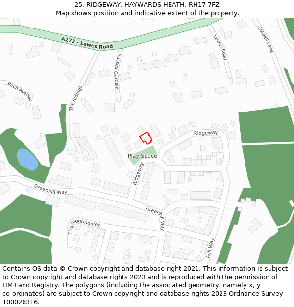 25, RIDGEWAY, HAYWARDS HEATH, RH17 7FZ: Location map and indicative extent of plot