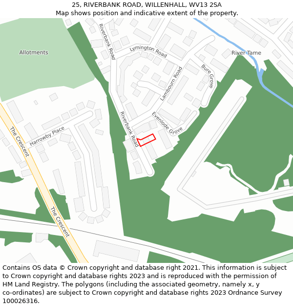 25, RIVERBANK ROAD, WILLENHALL, WV13 2SA: Location map and indicative extent of plot