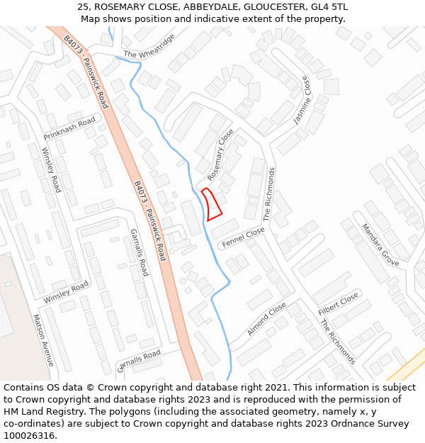 25, ROSEMARY CLOSE, ABBEYDALE, GLOUCESTER, GL4 5TL: Location map and indicative extent of plot