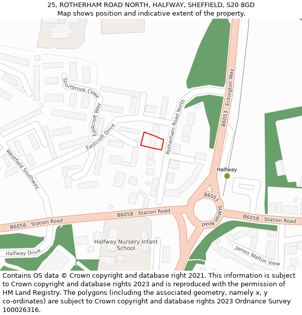 25, ROTHERHAM ROAD NORTH, HALFWAY, SHEFFIELD, S20 8GD: Location map and indicative extent of plot