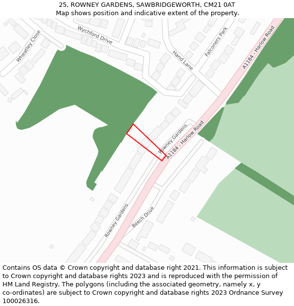 25, ROWNEY GARDENS, SAWBRIDGEWORTH, CM21 0AT: Location map and indicative extent of plot