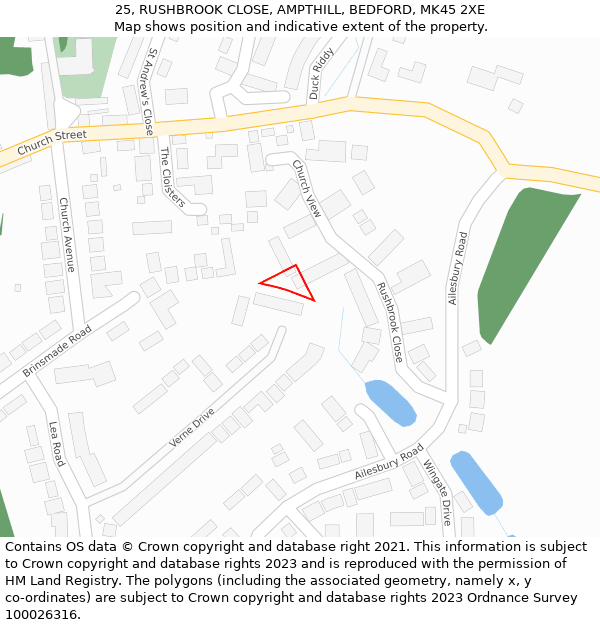 25, RUSHBROOK CLOSE, AMPTHILL, BEDFORD, MK45 2XE: Location map and indicative extent of plot