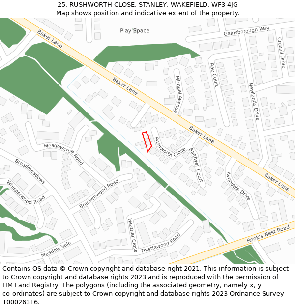 25, RUSHWORTH CLOSE, STANLEY, WAKEFIELD, WF3 4JG: Location map and indicative extent of plot