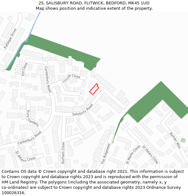 25, SALISBURY ROAD, FLITWICK, BEDFORD, MK45 1UD: Location map and indicative extent of plot