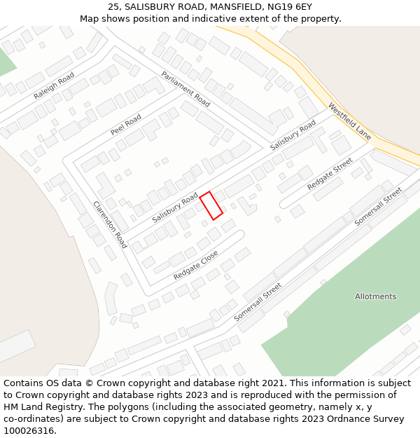 25, SALISBURY ROAD, MANSFIELD, NG19 6EY: Location map and indicative extent of plot