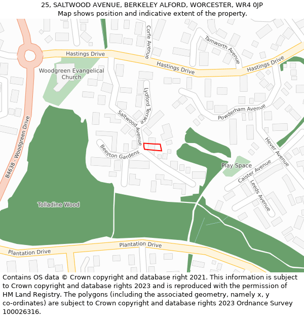 25, SALTWOOD AVENUE, BERKELEY ALFORD, WORCESTER, WR4 0JP: Location map and indicative extent of plot