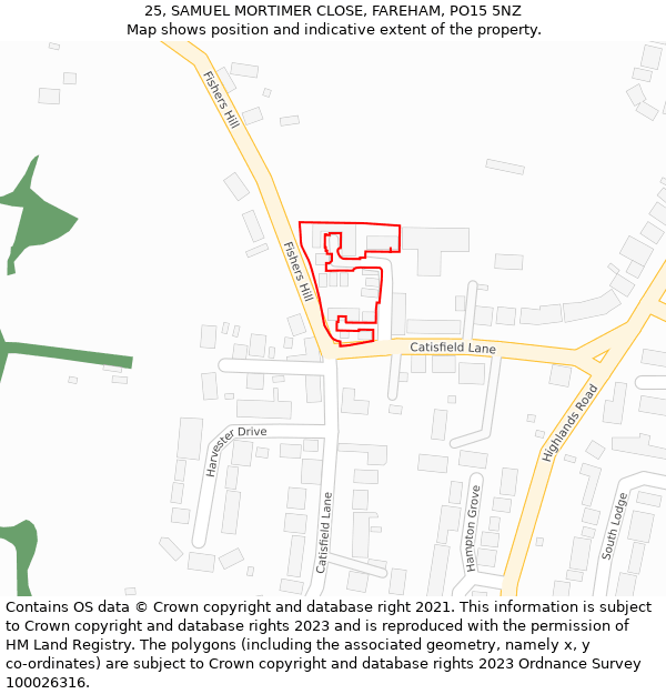 25, SAMUEL MORTIMER CLOSE, FAREHAM, PO15 5NZ: Location map and indicative extent of plot