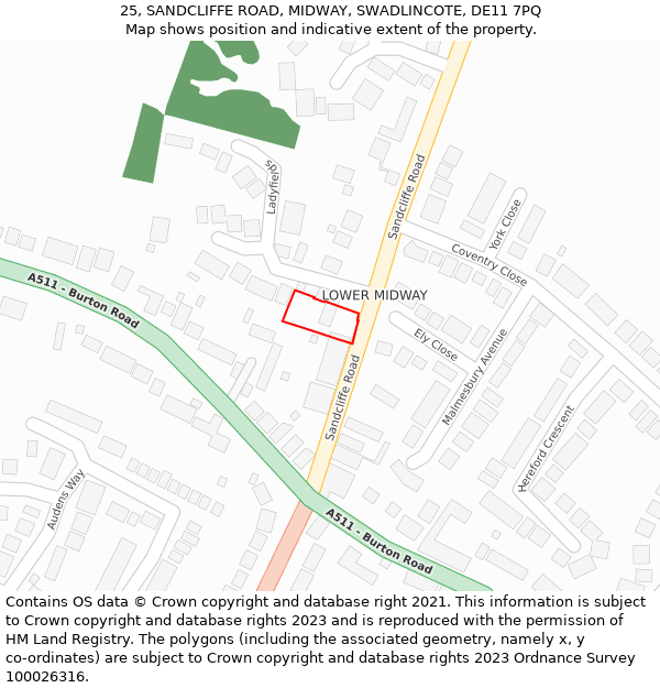 25, SANDCLIFFE ROAD, MIDWAY, SWADLINCOTE, DE11 7PQ: Location map and indicative extent of plot
