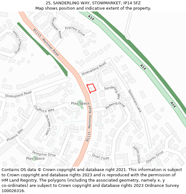 25, SANDERLING WAY, STOWMARKET, IP14 5FZ: Location map and indicative extent of plot