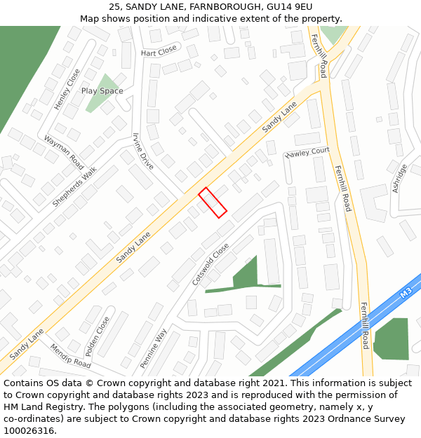 25, SANDY LANE, FARNBOROUGH, GU14 9EU: Location map and indicative extent of plot