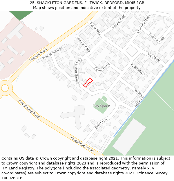 25, SHACKLETON GARDENS, FLITWICK, BEDFORD, MK45 1GR: Location map and indicative extent of plot