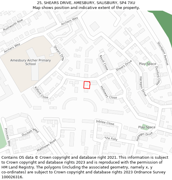 25, SHEARS DRIVE, AMESBURY, SALISBURY, SP4 7XU: Location map and indicative extent of plot