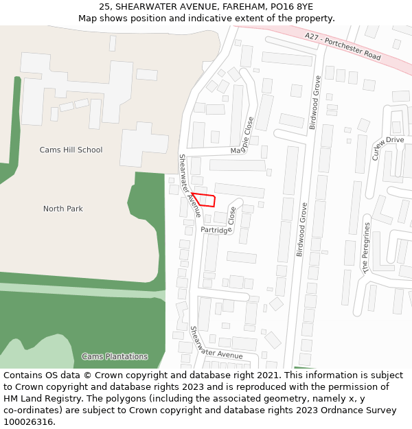 25, SHEARWATER AVENUE, FAREHAM, PO16 8YE: Location map and indicative extent of plot