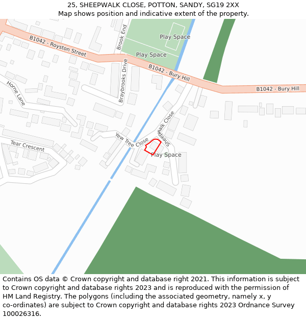 25, SHEEPWALK CLOSE, POTTON, SANDY, SG19 2XX: Location map and indicative extent of plot