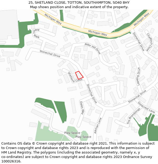 25, SHETLAND CLOSE, TOTTON, SOUTHAMPTON, SO40 8HY: Location map and indicative extent of plot