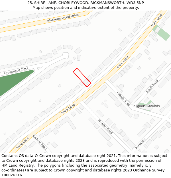 25, SHIRE LANE, CHORLEYWOOD, RICKMANSWORTH, WD3 5NP: Location map and indicative extent of plot