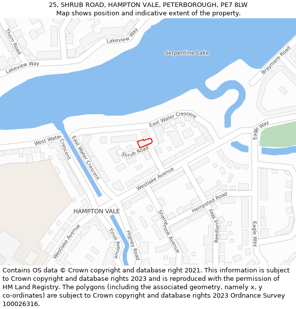 25, SHRUB ROAD, HAMPTON VALE, PETERBOROUGH, PE7 8LW: Location map and indicative extent of plot