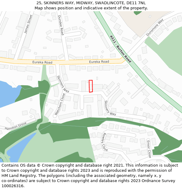 25, SKINNERS WAY, MIDWAY, SWADLINCOTE, DE11 7NL: Location map and indicative extent of plot