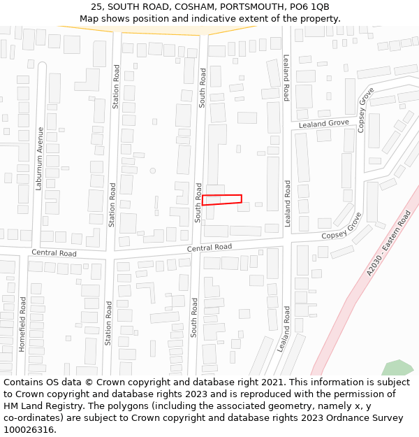 25, SOUTH ROAD, COSHAM, PORTSMOUTH, PO6 1QB: Location map and indicative extent of plot