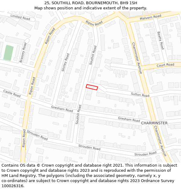 25, SOUTHILL ROAD, BOURNEMOUTH, BH9 1SH: Location map and indicative extent of plot