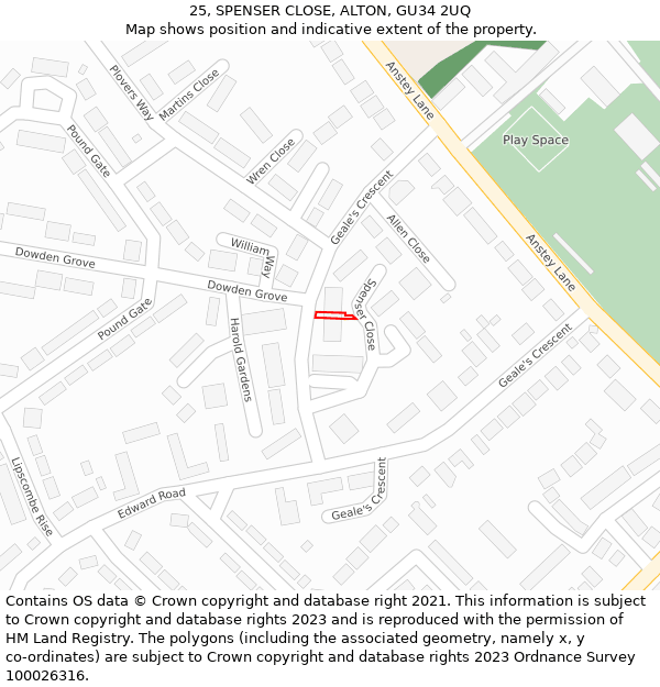 25, SPENSER CLOSE, ALTON, GU34 2UQ: Location map and indicative extent of plot