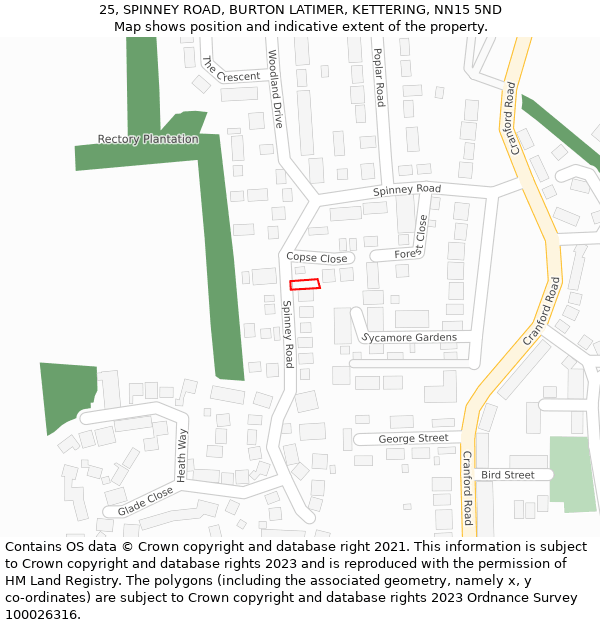 25, SPINNEY ROAD, BURTON LATIMER, KETTERING, NN15 5ND: Location map and indicative extent of plot