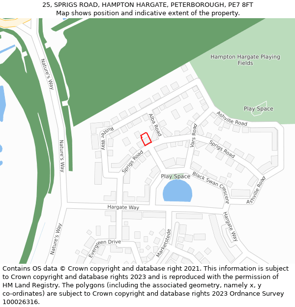 25, SPRIGS ROAD, HAMPTON HARGATE, PETERBOROUGH, PE7 8FT: Location map and indicative extent of plot