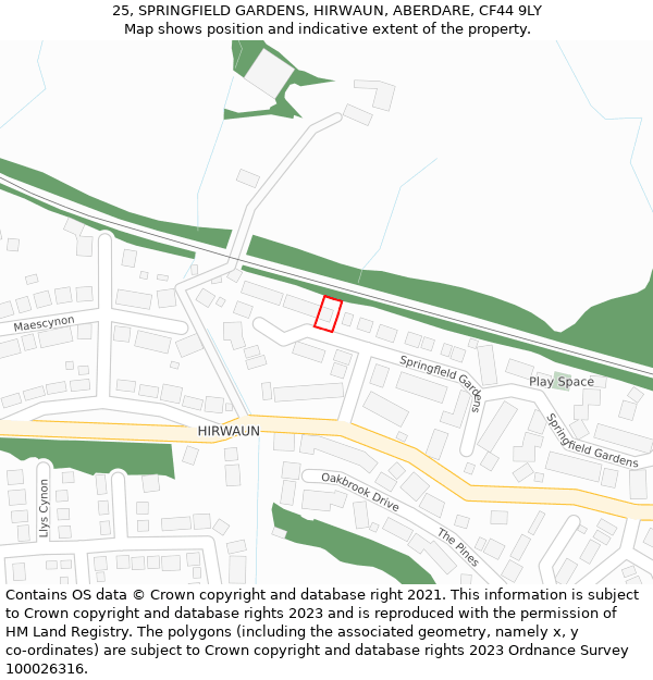 25, SPRINGFIELD GARDENS, HIRWAUN, ABERDARE, CF44 9LY: Location map and indicative extent of plot