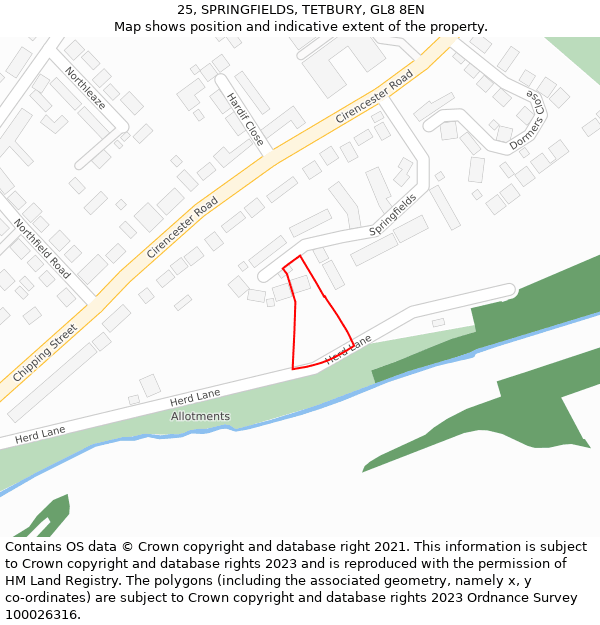 25, SPRINGFIELDS, TETBURY, GL8 8EN: Location map and indicative extent of plot