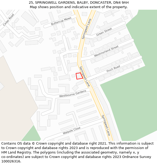 25, SPRINGWELL GARDENS, BALBY, DONCASTER, DN4 9AH: Location map and indicative extent of plot