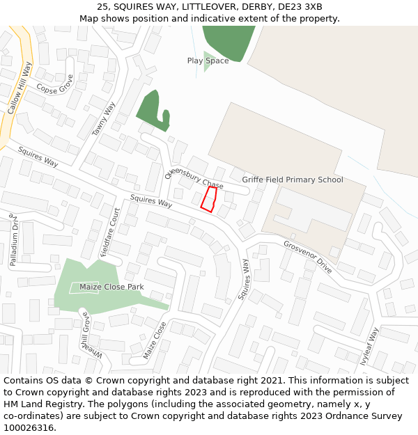 25, SQUIRES WAY, LITTLEOVER, DERBY, DE23 3XB: Location map and indicative extent of plot