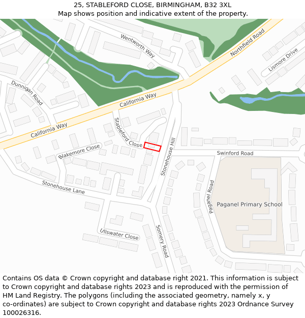 25, STABLEFORD CLOSE, BIRMINGHAM, B32 3XL: Location map and indicative extent of plot