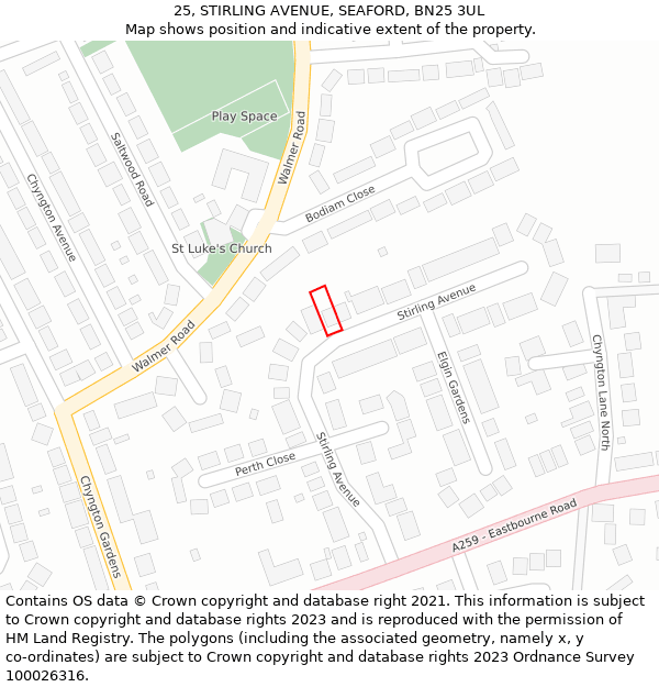 25, STIRLING AVENUE, SEAFORD, BN25 3UL: Location map and indicative extent of plot