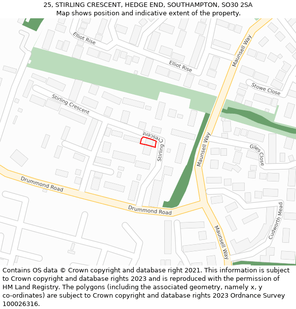 25, STIRLING CRESCENT, HEDGE END, SOUTHAMPTON, SO30 2SA: Location map and indicative extent of plot