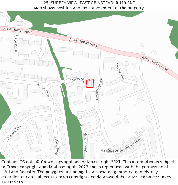 25, SURREY VIEW, EAST GRINSTEAD, RH19 3NF: Location map and indicative extent of plot