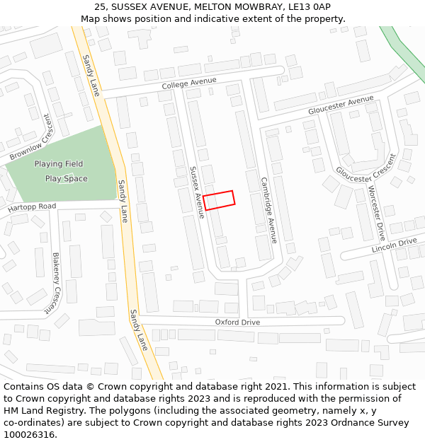 25, SUSSEX AVENUE, MELTON MOWBRAY, LE13 0AP: Location map and indicative extent of plot