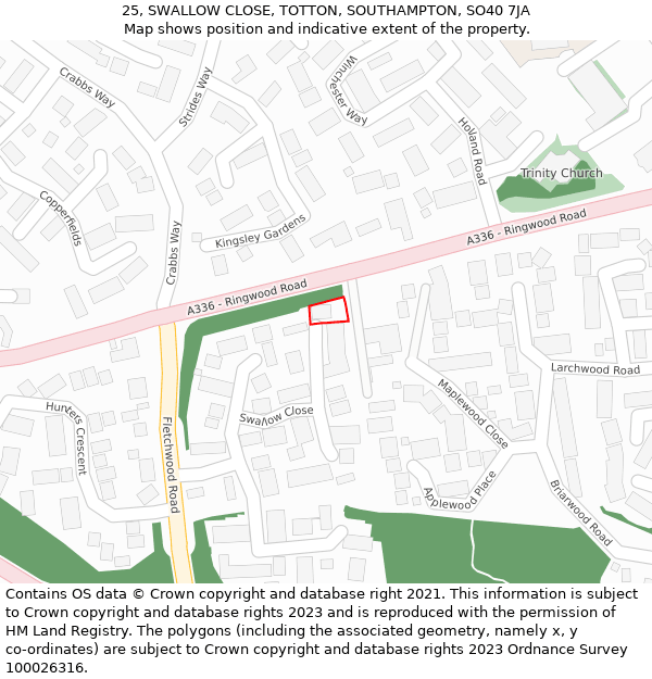 25, SWALLOW CLOSE, TOTTON, SOUTHAMPTON, SO40 7JA: Location map and indicative extent of plot