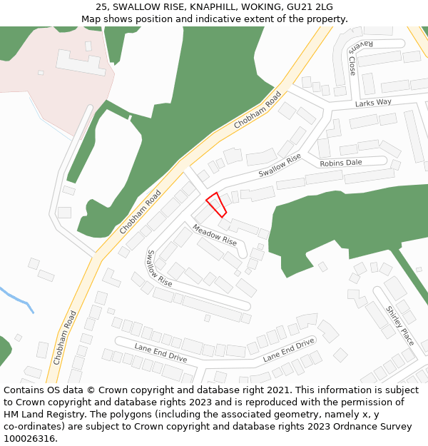 25, SWALLOW RISE, KNAPHILL, WOKING, GU21 2LG: Location map and indicative extent of plot