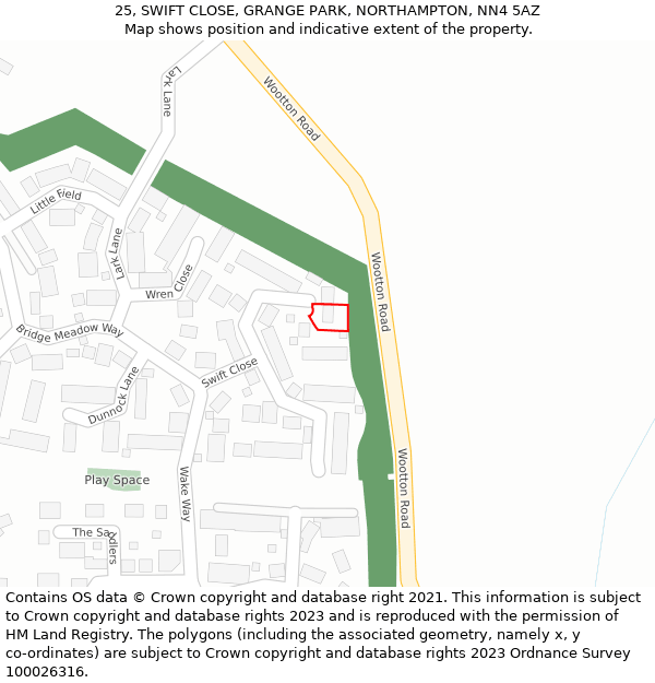 25, SWIFT CLOSE, GRANGE PARK, NORTHAMPTON, NN4 5AZ: Location map and indicative extent of plot