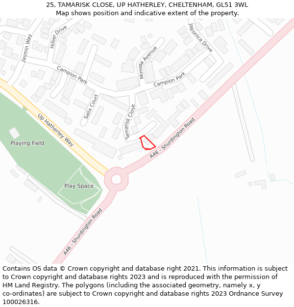 25, TAMARISK CLOSE, UP HATHERLEY, CHELTENHAM, GL51 3WL: Location map and indicative extent of plot