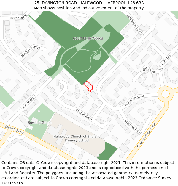 25, TAVINGTON ROAD, HALEWOOD, LIVERPOOL, L26 6BA: Location map and indicative extent of plot