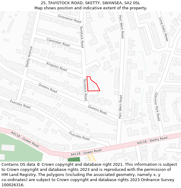 25, TAVISTOCK ROAD, SKETTY, SWANSEA, SA2 0SL: Location map and indicative extent of plot