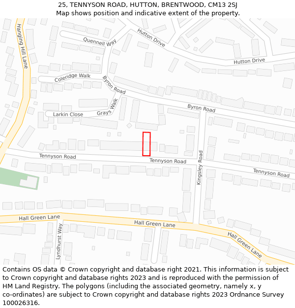 25, TENNYSON ROAD, HUTTON, BRENTWOOD, CM13 2SJ: Location map and indicative extent of plot