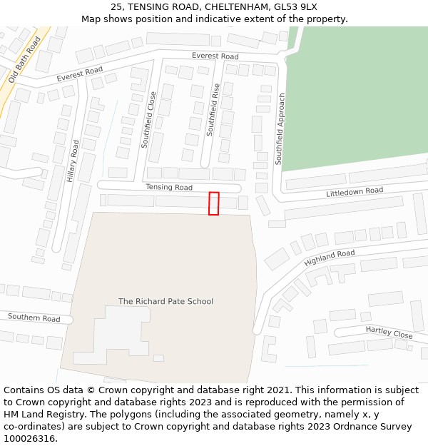 25, TENSING ROAD, CHELTENHAM, GL53 9LX: Location map and indicative extent of plot