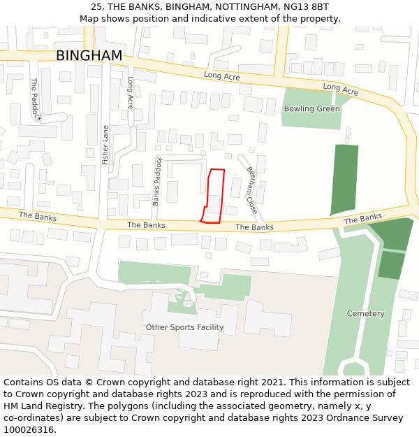 25, THE BANKS, BINGHAM, NOTTINGHAM, NG13 8BT: Location map and indicative extent of plot